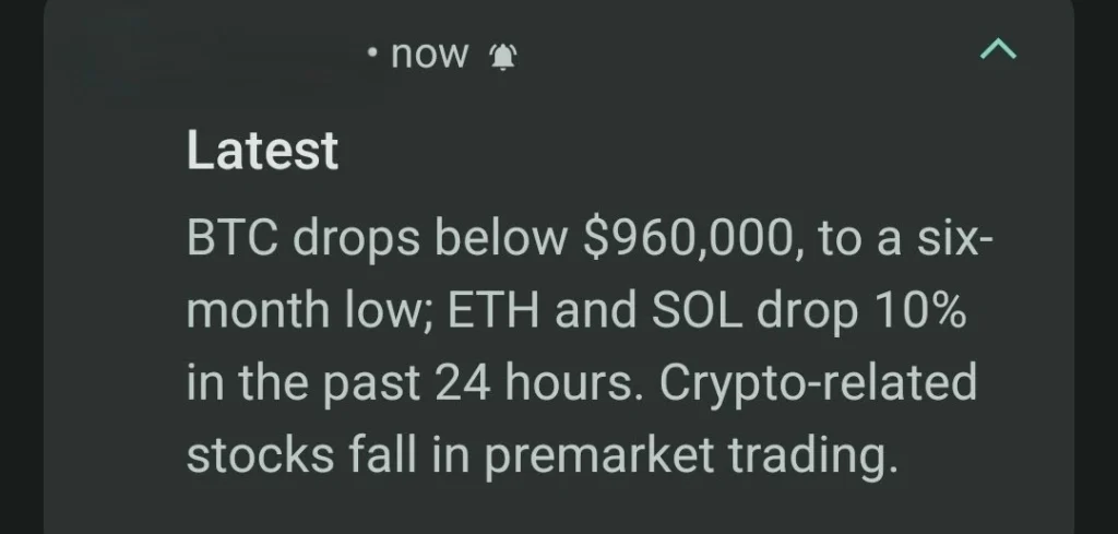 Screenshot from a broker's notification about Bitcoin price.