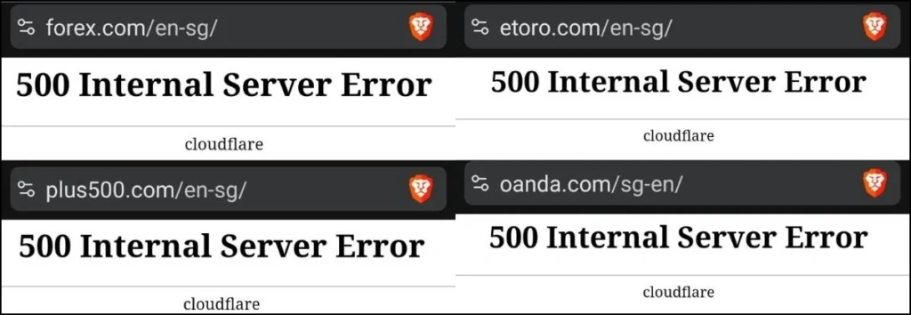 "500 Internal Server Error" messages displayed on FOREX.com, Oanda, Plus500 and eToro websites on 5 Dec 2025 within 4:47 pm and 5:12 pm Singapore time.
