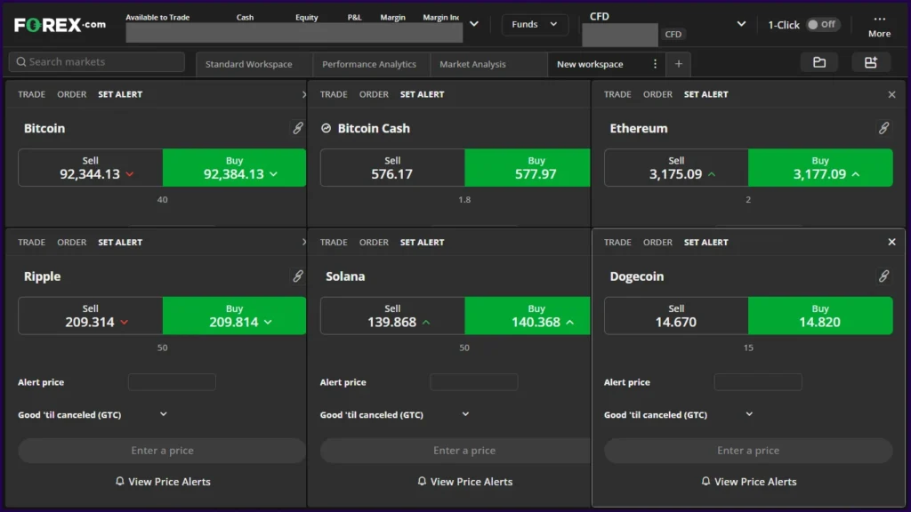 Crypto CFDs: BTC, ETH, XRP, SOL, BCH and DOGE.